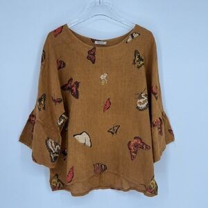 Alessia Pacini Top Womens L Linen Butterfly Ruffle Boho Western Peasant